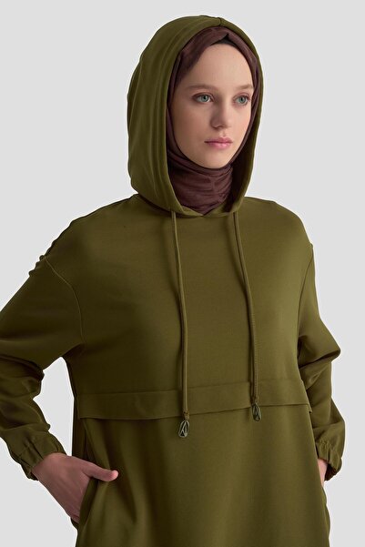 Armine TREND Hooded Tunic with Corded Fabric Side Pockets and Elasticated Sleeves Oil Green 25Kt462