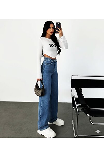 Livik Roxana material elastic Pantaloni casual pentru femei, albastru mediu, super talie înaltă pantaloni casual din denim
