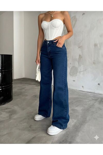 Livik Elena Power Lycra Women's Dark Blue Super High Waist Loose Leg Jans Denim Palazzo Trousers