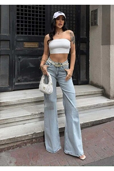 Livik Γυναικείο τζιν παντελόνι Maja Ice Blue Snow Wash με ψηλόμεσο και φαρδύ πόδι