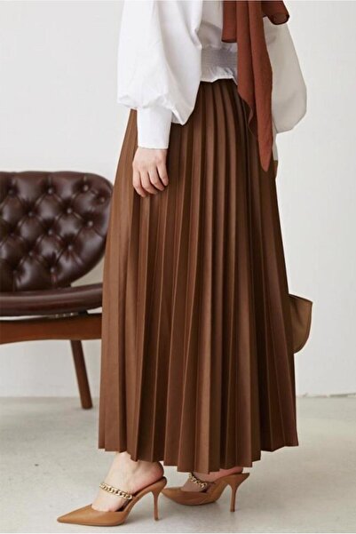 TRENDTESETTÜR WOMEN'S COFFEE (A.COFFEE) PLEATED WAIST RUBBER SKIRT T 8354