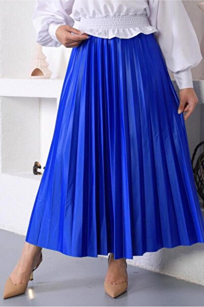 TRENDTESETTÜR Navy Blue Saks Pleated Elastic Waist Skirt - t 8354