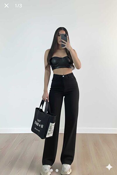 Livik Alisya Černé Lycra Super Vysoký Pas Široké Nohy Volné Palazzo Džíny Kalhoty