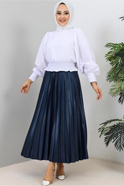 TRENDTESETTÜR WOMEN'S NAVY BLUE PLEATED WAIST RUBBER SKIRT T 8354