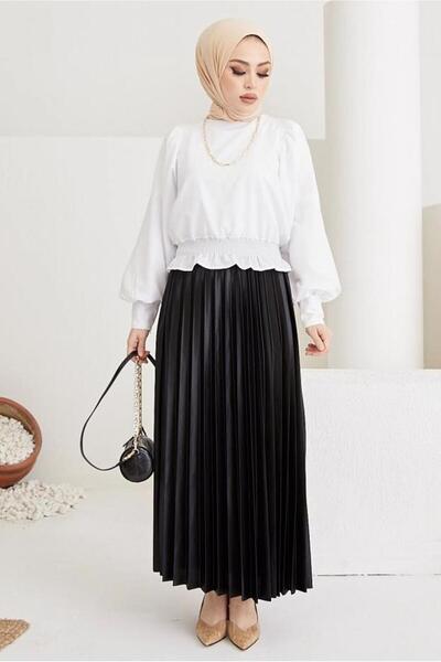 TRENDTESETTÜR WOMEN'S BLACK PLEATED ELASTIC WAIST SKIRT T 8354