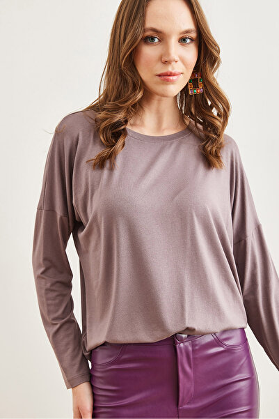 Olalook Damen-Blusenbluse aus dunklem Nerz mit Rundhalsausschnitt und Fledermausmuster BLZ- 19002588