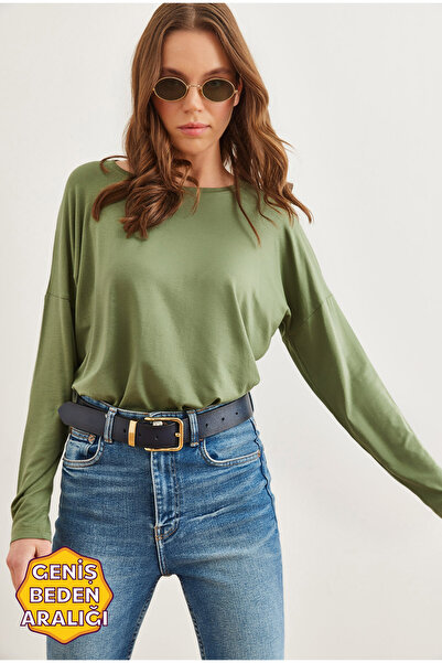 Olalook Női zöld nyakú denevér, folyékony viszkóz blúz BLZ- 19002588