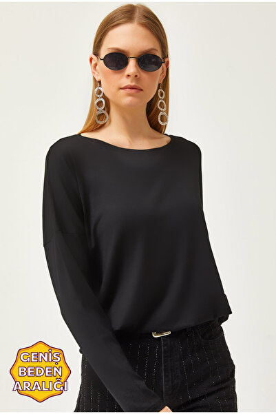 Olalook Kadın Siyah Bisiklet Yaka Yarasa Dökümlü Viskon Bluz BLZ-19002588