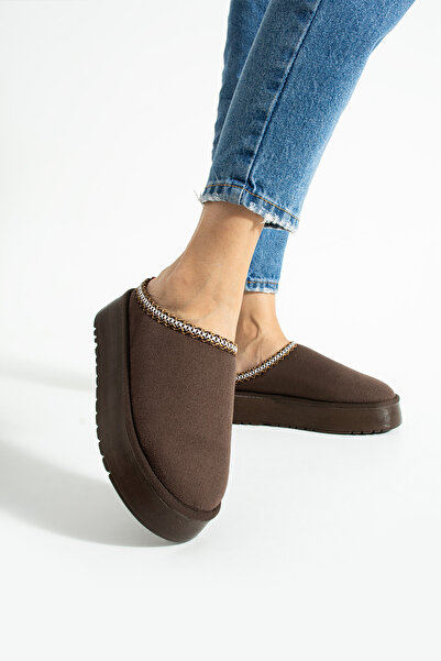 Moda Devrin Brown Suede Thick Sole Slippers with Wool Inside