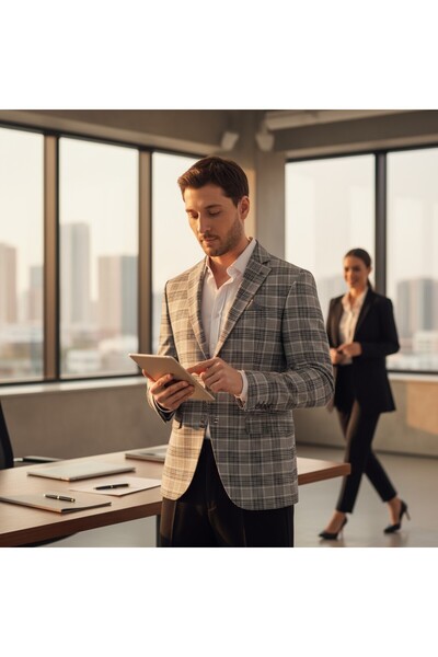 Frappoli Uche Чоловічий чорний блейзер зі смугастим візерунком, облягаючий крій, монокомір