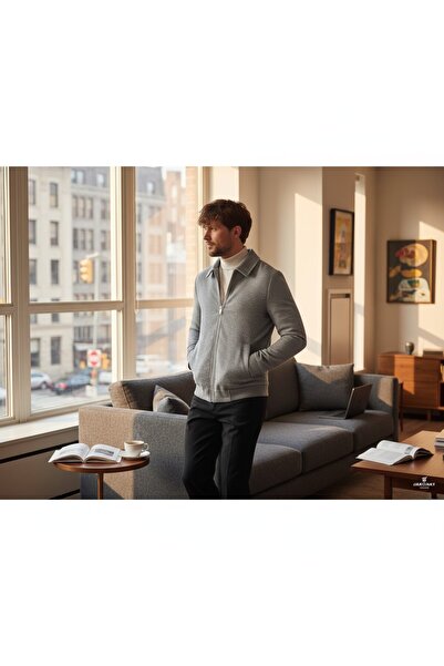 Frappoli Jorge Men's Gray Houndstooth Short Cashmere Coat with Zipper and Ribbed-Elasticated Hem