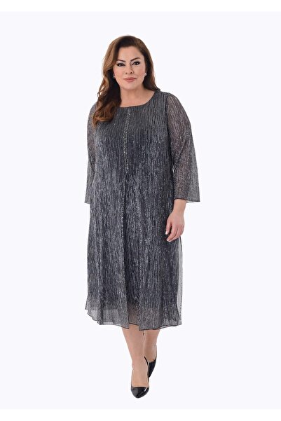 LİLAS XXL 2525 Büyük Beden Jakarlı Pliseli Taş Detay Midiboy Elbise