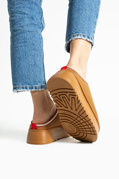 Moda Devrin Tan Suede Thick Sole Slippers with Wool Inside