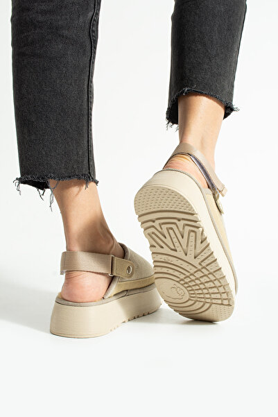 Moda Devrin Beige Suede Thick Sole Sandals with Wool Inside