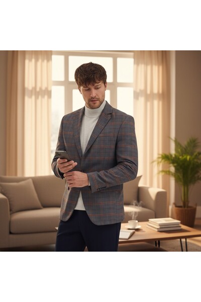 Frappoli Maregas Men's Navy-Mustard Cotton Plaid Slim Fit Mono Collar Sports Blazer Jacket