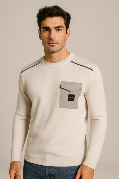 NCS Men's Knitwear Crew Neck Pocket Detailed White 3753