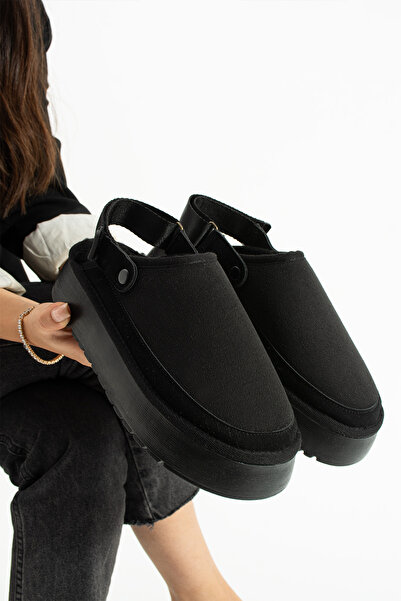 Moda Devrin Black Suede Thick Sole Sandals with Wool Inside