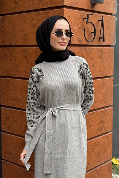 FUAT GÜRSEN Shoulder and Sleeve Embroidered F Corded Fabric Steel Mesh Belt Dress