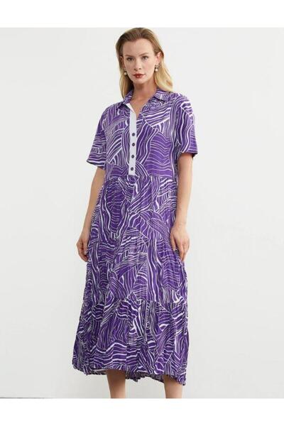 Sementa 77486 Desenli Gömlek Yaka Dökümlü Midiboy Elbise