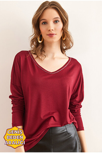 Olalook Kadın Bordo Gümüş Dikiş Detaylı V Yaka Viskon Bluz BLZ-19002747