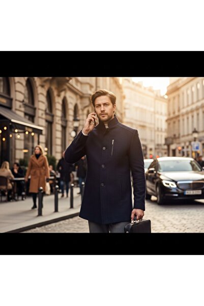 Frappoli Pagano Men's Navy Blue Mock Neck Pocket Detailed Thick Sport Cashmere Coat