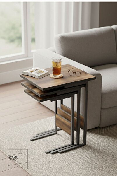 Orysa Design ZS-3 3 Lü Zigon Sehpa, Metal Sehpa, Barok Ceviz