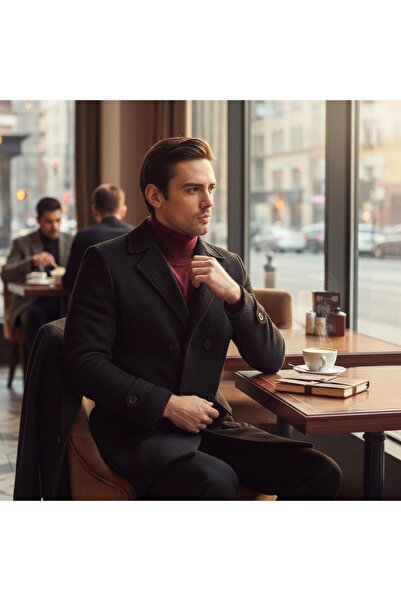 Frappoli Ανδρικό παλτό με χοντρό στάμπα - Μοτίβο ψαροκόκαλο, κανονική εφαρμογή, διπλό στήθος