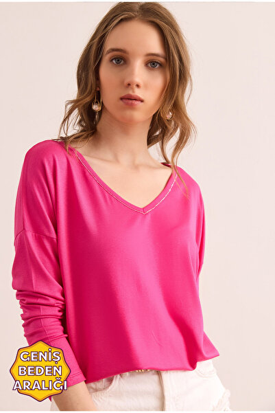 Olalook Γυναικεία φούξια ασημί ραφή με λεπτομέρεια V-λαιμόκοψη βισκόζη μπλούζα BLZ- 19002747