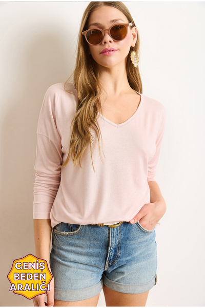 Olalook Γυναικεία Candy Pink Ασημένια Ραφή Λεπτομερής Βισκόζη Μπλούζα με λαιμόκοψη V BLZ-19002747