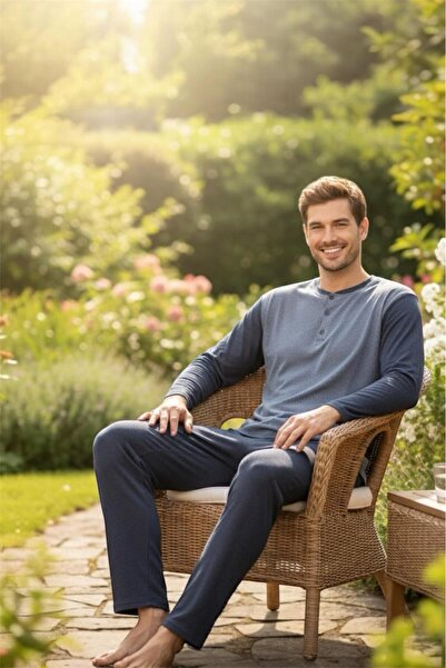 Sude HOMEWEAR Men's Smoked Color Jacquard Long Sleeve Pajamas Set