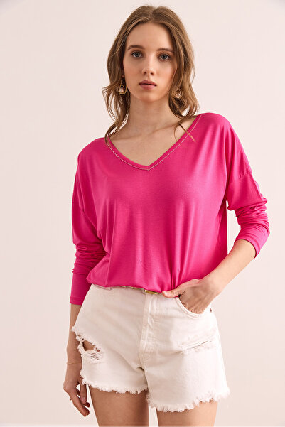Olalook Γυναικεία φούξια ασημί ραφή με λεπτομέρεια V-λαιμόκοψη βισκόζη μπλούζα BLZ- 19002747