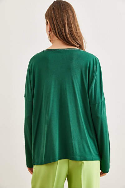 Olalook Γυναικεία πράσινη ασημί ραφή Λεπτομερής μπλούζα βισκόζης με λαιμόκοψη BLZ- 19002747