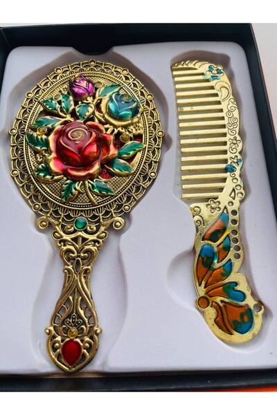 GALATA GIFT Hediyelik Ayna Tarak Seti, Tavuskuşu Metal 15x12