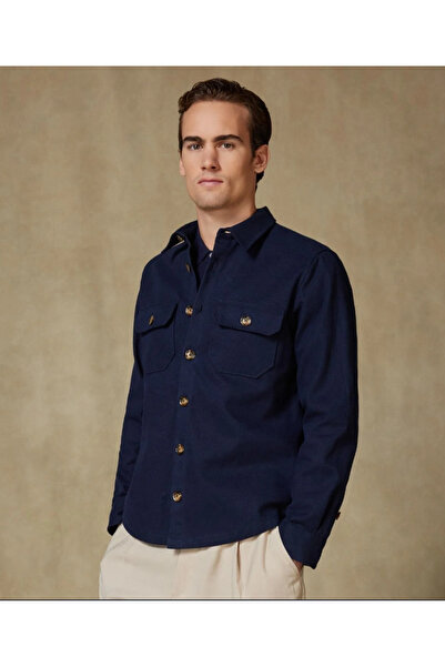 Abbate Fumo Flannel Cotton Overshirt Fit Navy Blue Classic Collar Men's Plain Overshirt