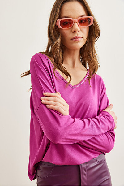 Olalook Dámská fialová stříbrná blůza viskózová blůza s výstřihem do V s detailním prošíváním 19002747