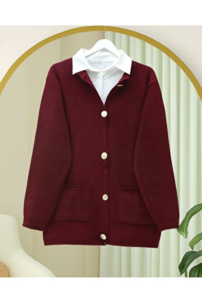 Modamorfo Soft Knit Cardigan with Button Front and Double Pockets - Burgundy