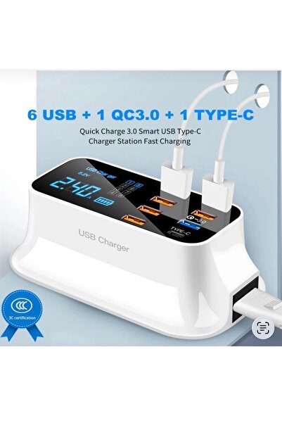 Dynego Çoklu Usb Type-c 8 Port Ampermetre Hızlı Şarj Doldurma Adaptörü