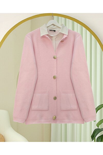 Modamorfo Soft Knit Cardigan with Button Front and Double Pockets - Powder