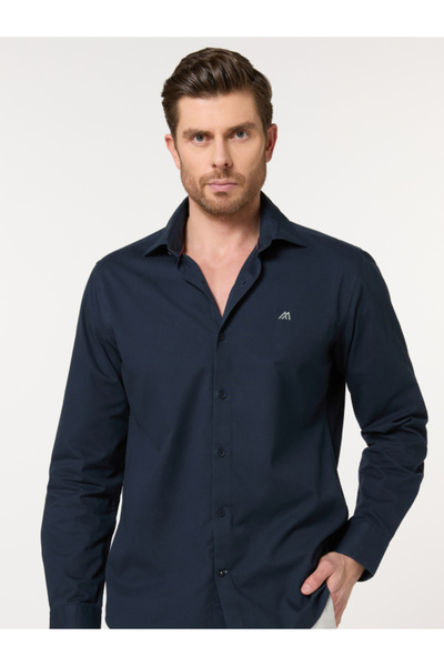 Mannerism The Smooth Drape Navy Twill Shirt with Fluid Movement, Slim Fit