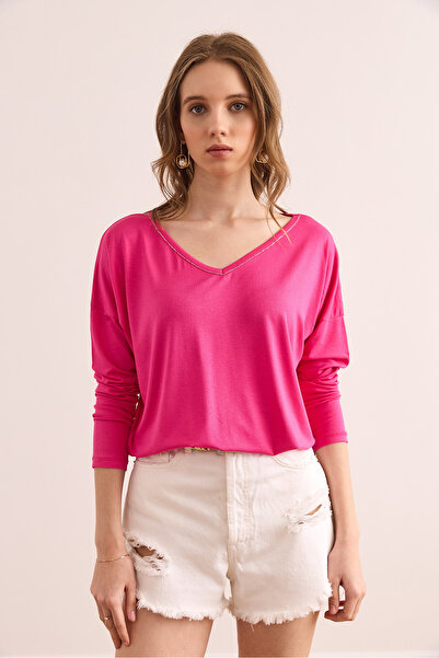 Olalook Γυναικεία φούξια ασημί ραφή με λεπτομέρεια V-λαιμόκοψη βισκόζη μπλούζα BLZ- 19002747