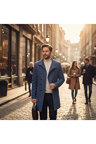 Frappoli Pagano Men's Indigo Shawl Collar S Slim Fit Cashmere Coat