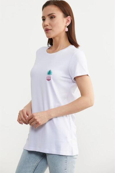 Sementa 75956 Sıfır Yaka Ananaslı Basic Penye Kısa Kol Tshirt