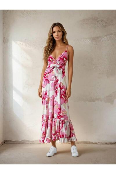 Robin M38893 Beli Bağcıklı İp Askı Çiçek Desenli Uzun Saten Elbise