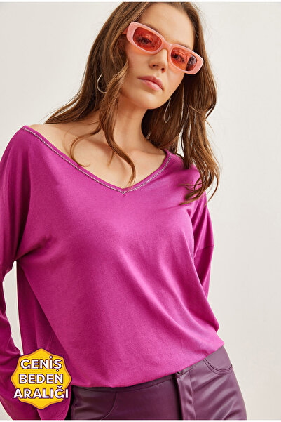 Olalook Dámská fialová stříbrná blůza viskózová blůza s výstřihem do V s detailním prošíváním 19002747