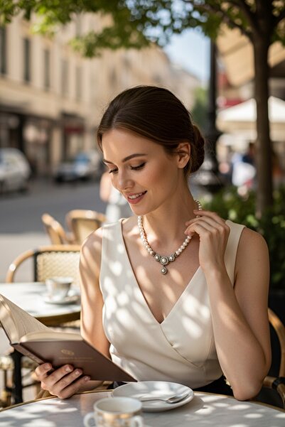 FAYRA ACCESSORIES Kristal Taşlı Papatya Figür İnci Kolye