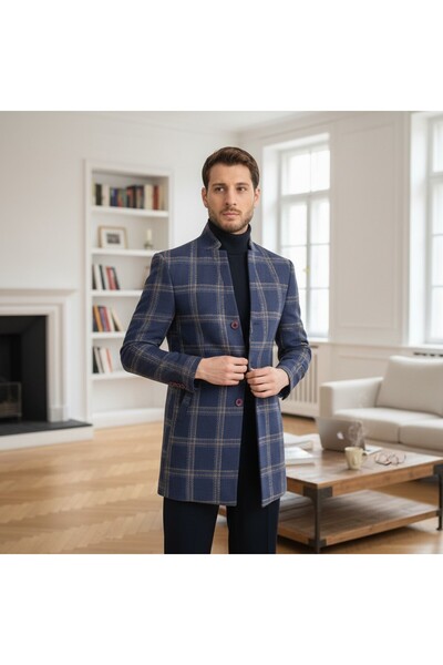 Frappoli Palton pentru bărbați, cu model în carouri, cu croiala normală, cu guler în picioare