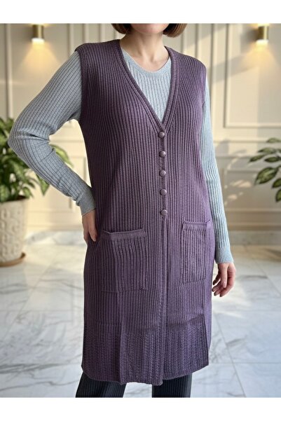 TİRİTEK Mercerized Modern Hair Knit Single Knit Long Mother Vest / Lilac