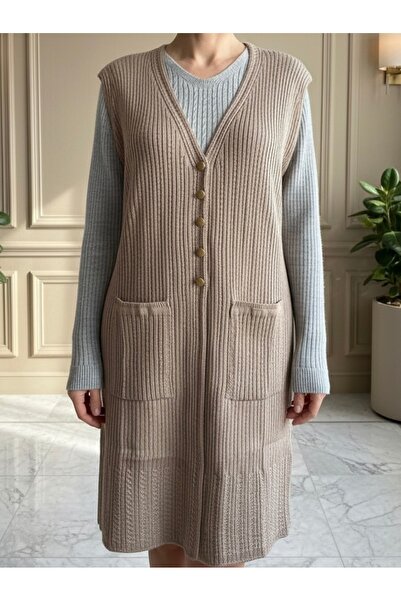 TİRİTEK Μοντέρνο πλεκτό μαλλί Mercerized ΜΟΝΟ ΠΛΕΚΤΟ Μακρύ Γιλέκο Μητέρας / Άμμος