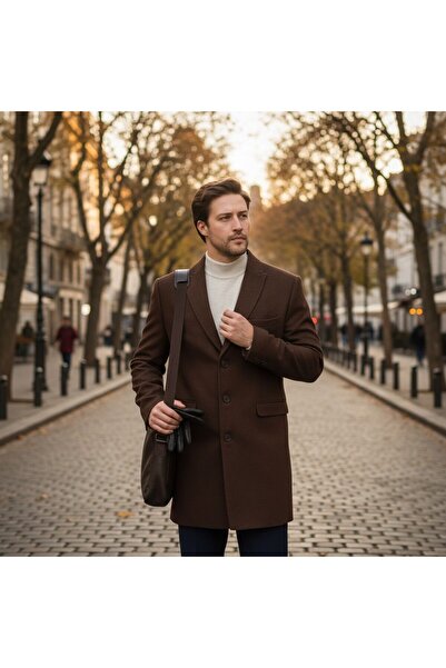Frappoli Pagano Men's Brown Pointed Collar Slim Fit Cashmere Coat