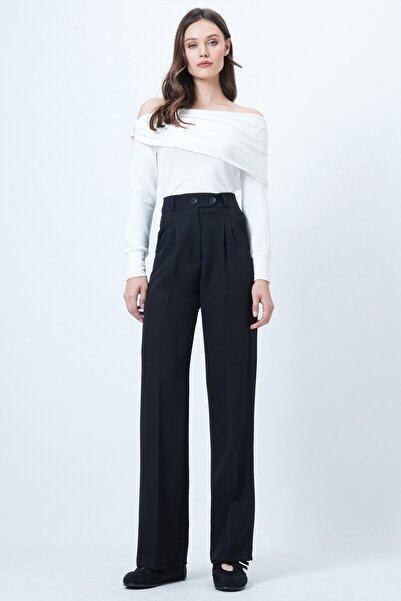VAGGON Women's Black Elastic Waist Button Closure Double Pocket Trousers Vs01456